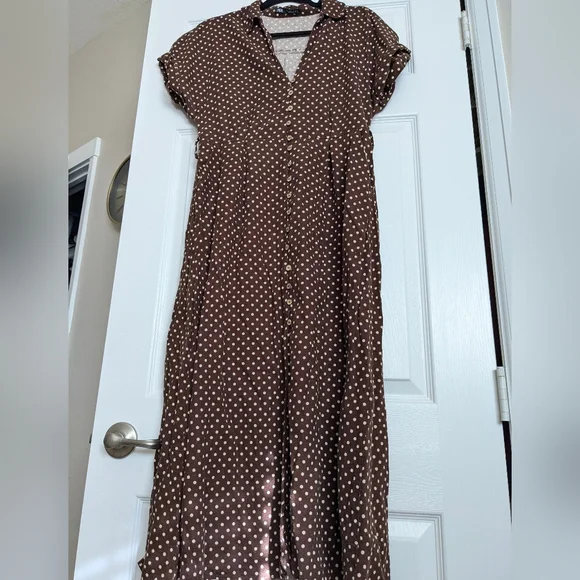 Zara Brown White Button Down Linen Blend Polka Dot Dress Size L Missing Belt - Picture 2 of 11